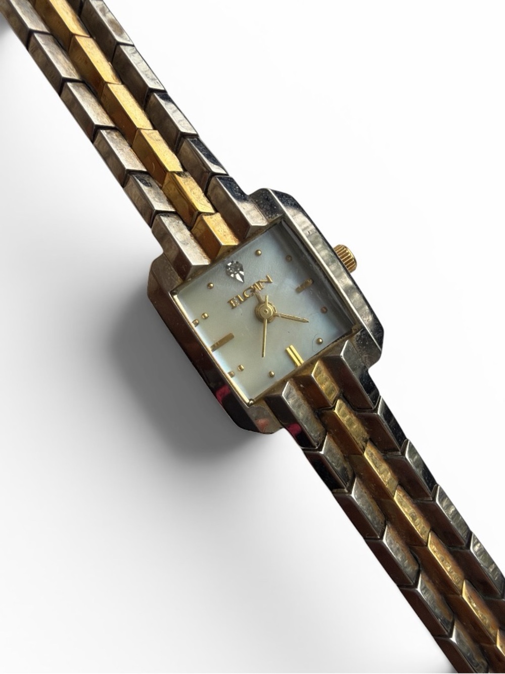 Vintage Elgin Two Tone Gold & Silver Square Face Ladies Watch Pearl Face